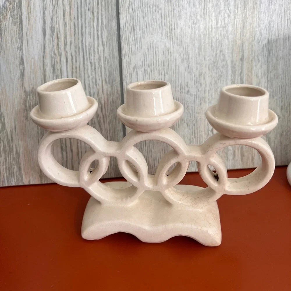 Vintage Japan Ceramic Triple Taper Candle Holder‎ Cream Interlocking Rings 4.5